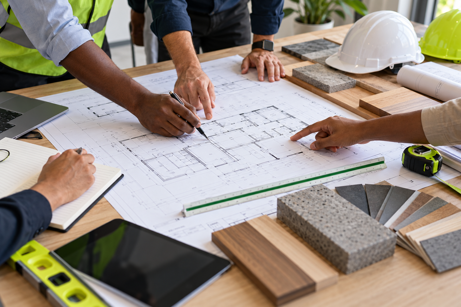 Construction planning team reviewing building plans